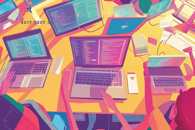 Overhead view of programmers collaborating on coding projects using laptops and mobile devices
