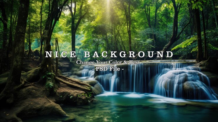 PSD panoramic beautiful tropical deep forest waterfall and river stream generate ai image