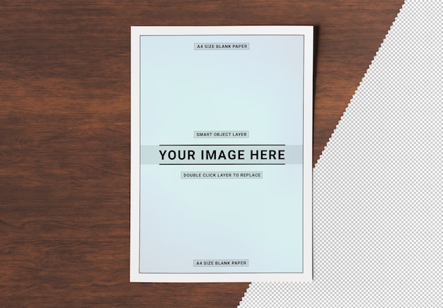 Paper sheet flyer cut out on wooden surface Mockup