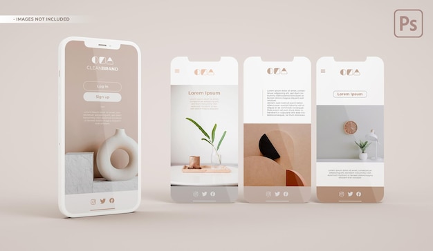 Phone mockup with three slides in 3D rendering. App interface development