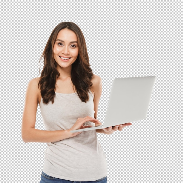 Photo of affable woman with long brown hair holding silver personal computer posing on camera isolated over white wall