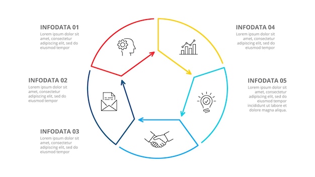 Photoshop diagram of thin lines with a pentagon inside Infographic with 5 options steps or processes