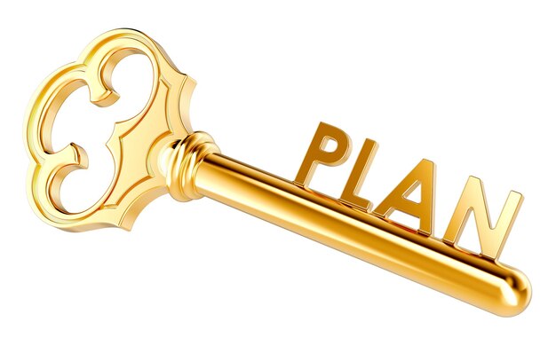 Plan concept with golden key 3D rendering isolated on transparent background