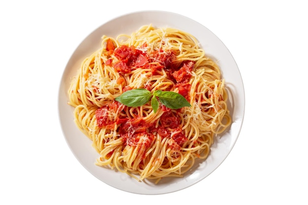plate of pasta with tomato sauce isolated on transparent background top view