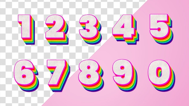 Png number set rainbow 3d effect