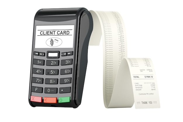 POS terminal with printed receipt 3D rendering isolated on transparent background