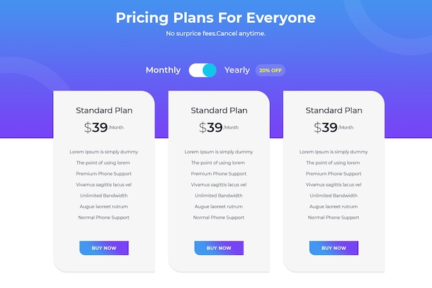 pricing plans web elements and website