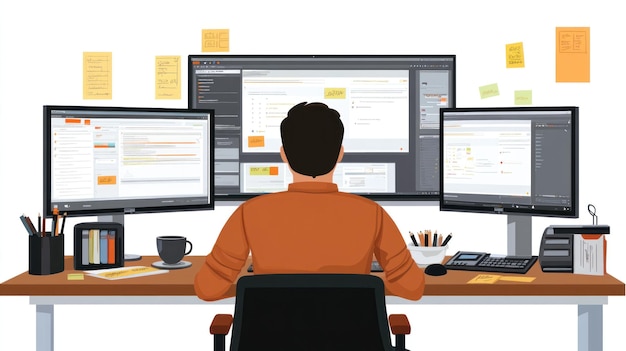 Programmer working at desk with multiple monitors displaying code
