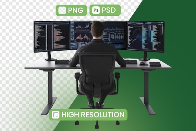 Programmer Works at Desk with Multiple Monitors Coding and Data Analysis Workplace Productivity