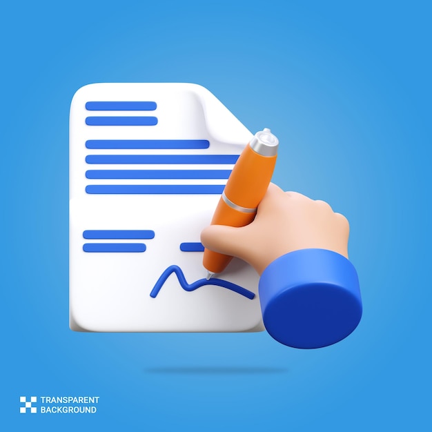 PSD 3D render a hand is writing on a agreement with a blue background