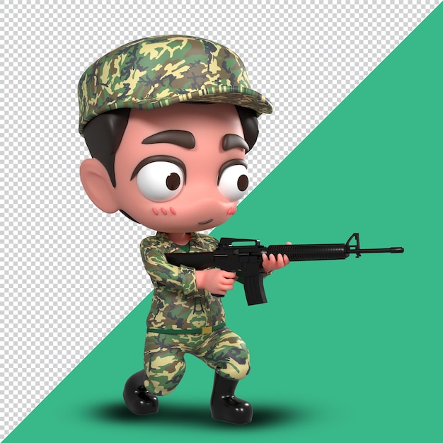 PSD File cute army soldier Cartoon SD Model 3D render Character. 3d rendering.