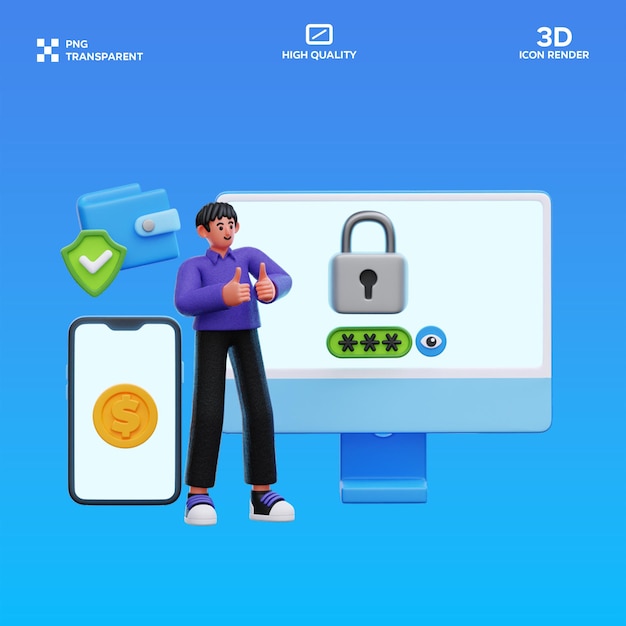 psd man feel secure after online security 3d illustration