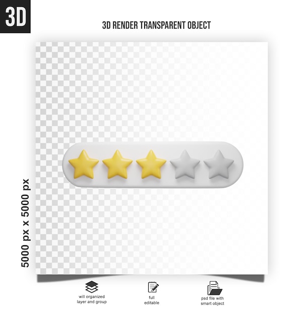 rating stars icon for review product realistic three glossy stars yellow and white colors 3d render