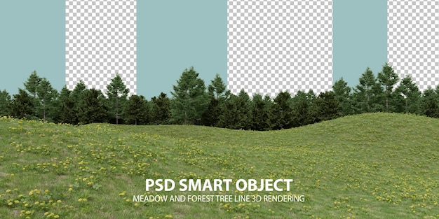realistic grass hill and forest tree line 3d rendering of isolated objects