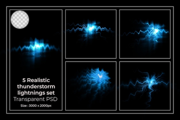 Realistic lightning collection of isolated thunderbolts on transparent Set