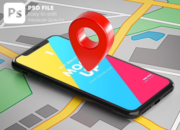 red gps pin on smartphone and map mockup in 3d rendering