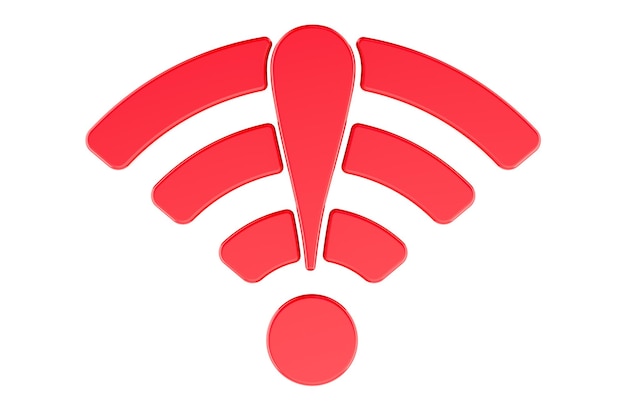 Red WiFi symbol with exclamation mark in the center representing wireless network problem connection error or internet outage 3D rendering