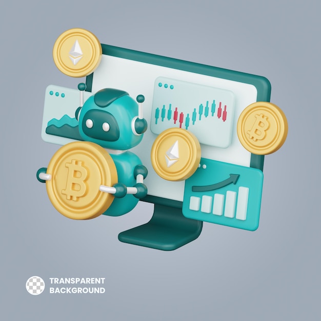 Robot Trade in computer 3d cryptocurrency investment icon