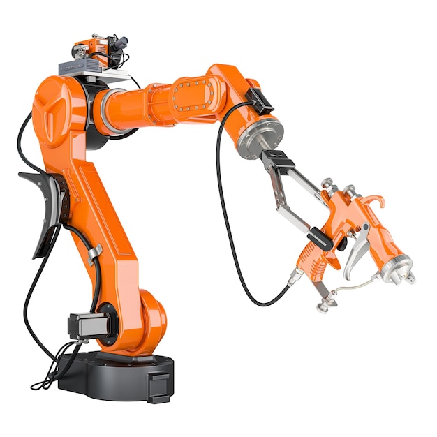 robotic arm with electrostatic air spray gun 3d rendering isolated on transparent background