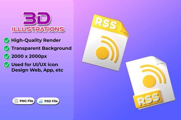 RSS File Type 3D rendering on transparent background Ui UX icon design web and app trend