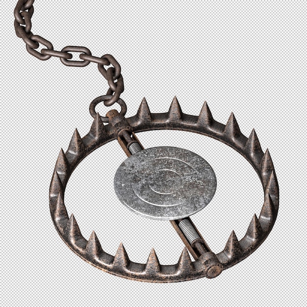 rusty bear trap with chain on transparent background