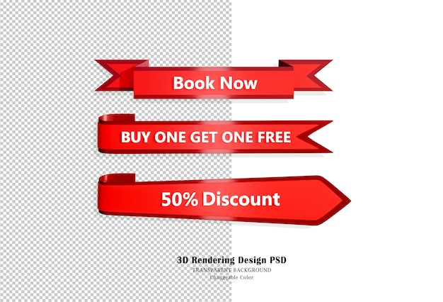 Sale tags Book Now, Buy one get one,50 percent Discount label tag 3D rendering.