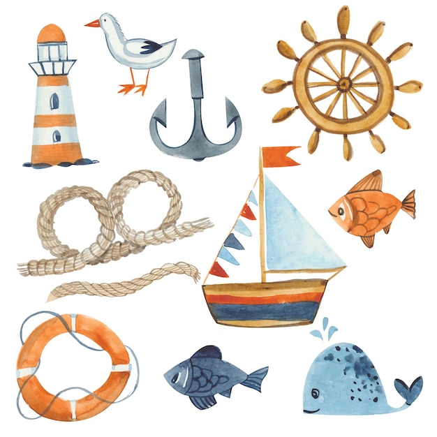 Sea watercolor clipart set