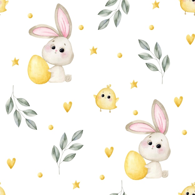 Seamless pattern with easter bunny chicken and eggs without background