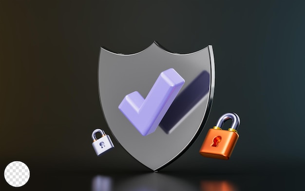 security shield check mark with padlock sign on dark background 3d render concept for safety protect