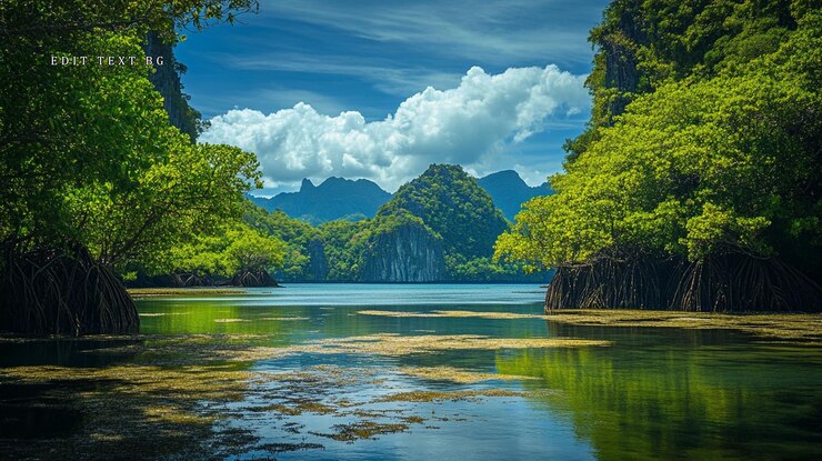 PSD serene lagoon nestled between lush mangrove forests showcasing dramatic limestone karsts under a vibrant sky