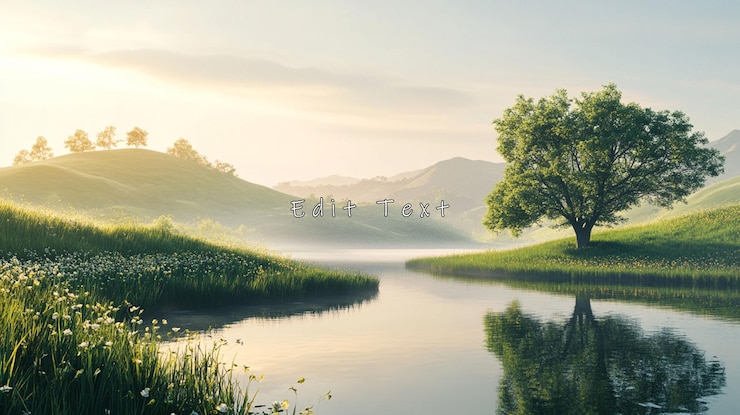 PSD serene sunrise over tranquil lake single tree on grassy shore