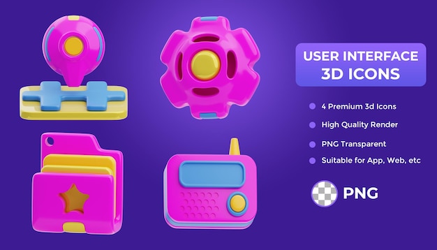 Set of 3D rendering user interface icons for web and mobile app Location setting folder radio