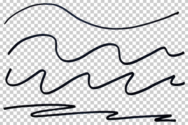 Set of black hand drawn marker pen stroke line transparent background design element doodle scribble