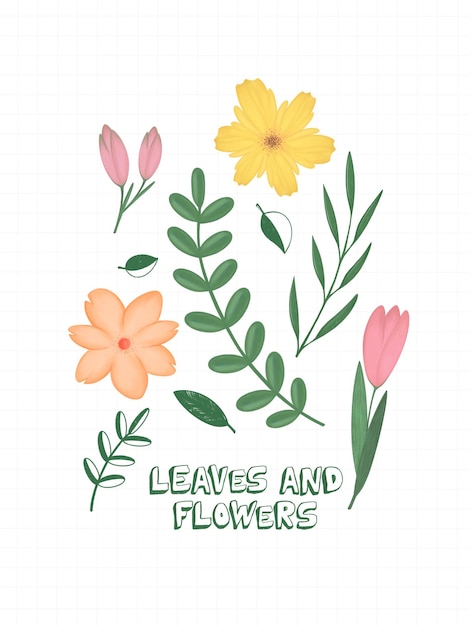 Set of bright spring flowers and green leaves on a cross background with a lettering