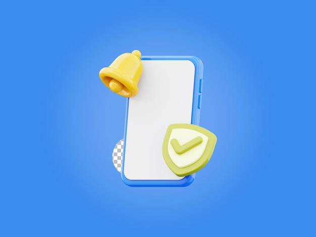 shield secure notification bell on blue mobile phone 3d render illustration