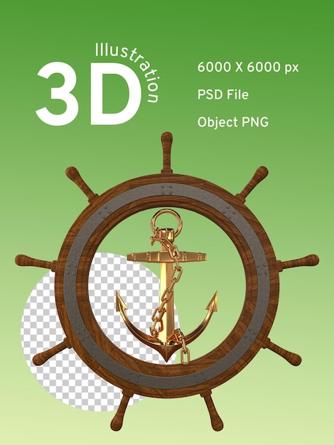 Ship steering wheel with anchor inside Golden color