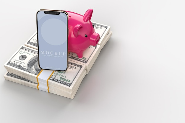 Smart phone and pink piggy money bank with cash