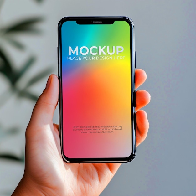 smartphone mockup in hand with colorful gradient screen