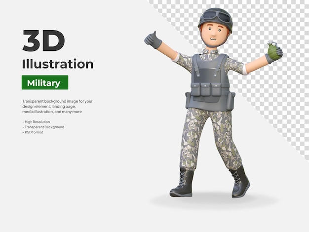 Soldier throwing grenade bomb 3d cartoon illustration