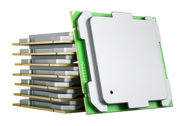 Stack of CPU computer processors 3D rendering isolated on transparent background