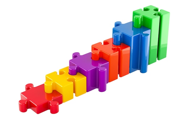 Stairs or growth chart from colored puzzle 3D rendering isolated on transparent background