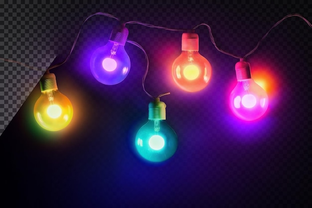 String of colorful light bulbs on dark purple background transparent overlay effect