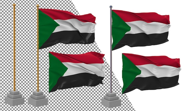 Sudan Flag Waving Different Style With Stand Pole Isolated 3D Rendering