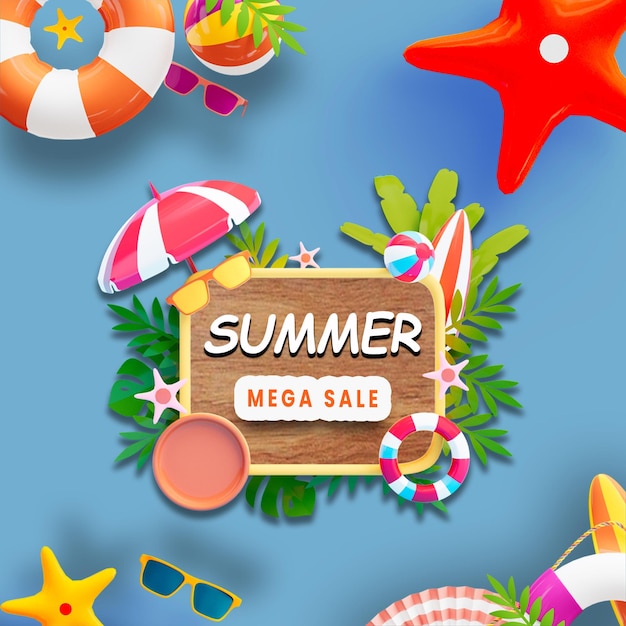 Summer Mega Sale Banner with Beach Elements
