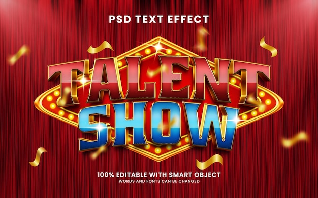 Talent show 3d glossy text effect with casino signboard and glitter spark