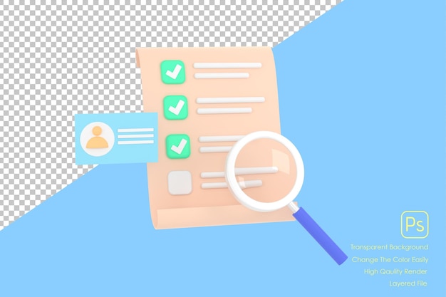 Thẻ căn cước với kính lúp, giấy checklist, tuyển dụng nhân viên, nguồn nhân lực, tìm kiếm việc làm