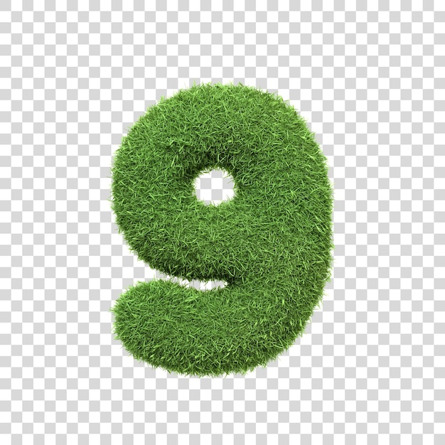the number 9 shaped from dense green grass set against a pure white backdrop number nine front view