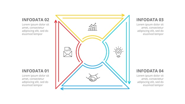thin line cyle square diagram infographic with 4 options steps or processes