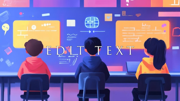 Three students collaborate on a project using a large screen displaying data and code