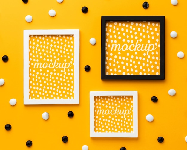 Top view of three mock-up frames with decorations